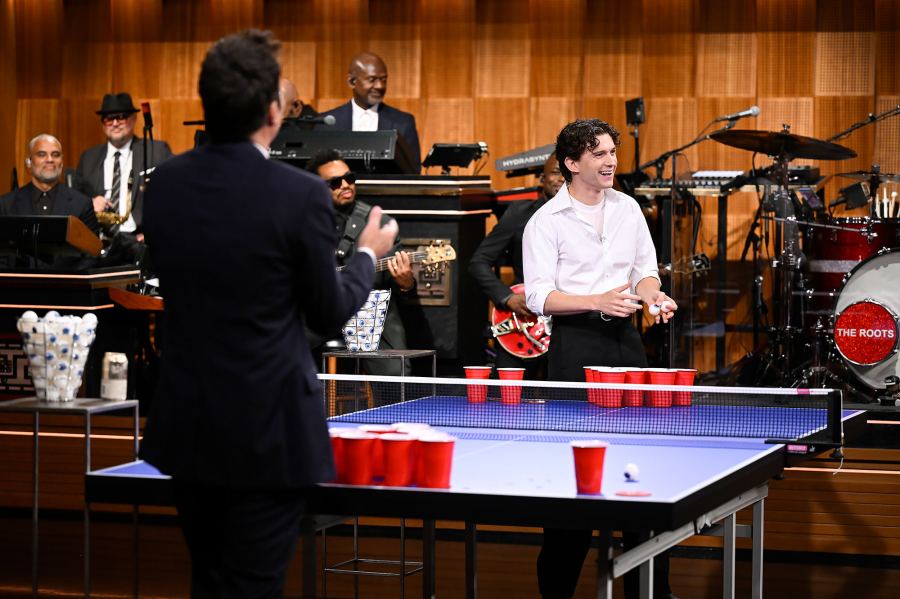Jimmy Fallon and Tom Holland Tonight Show Cyclops Beer Pong Hot Pics